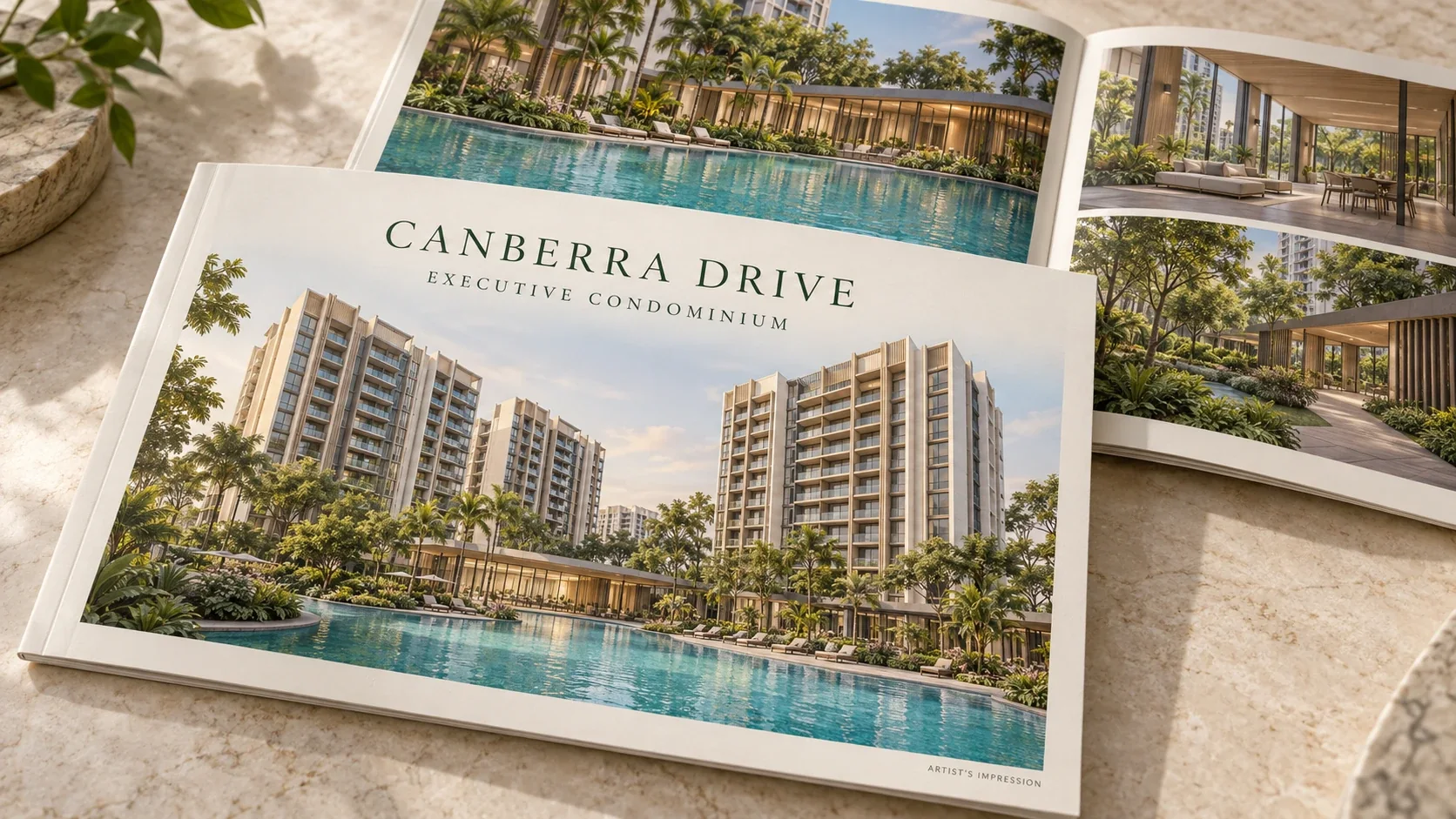 Canberra Drive Executive Condominium e-brochure cover and inside pages, artistic impression