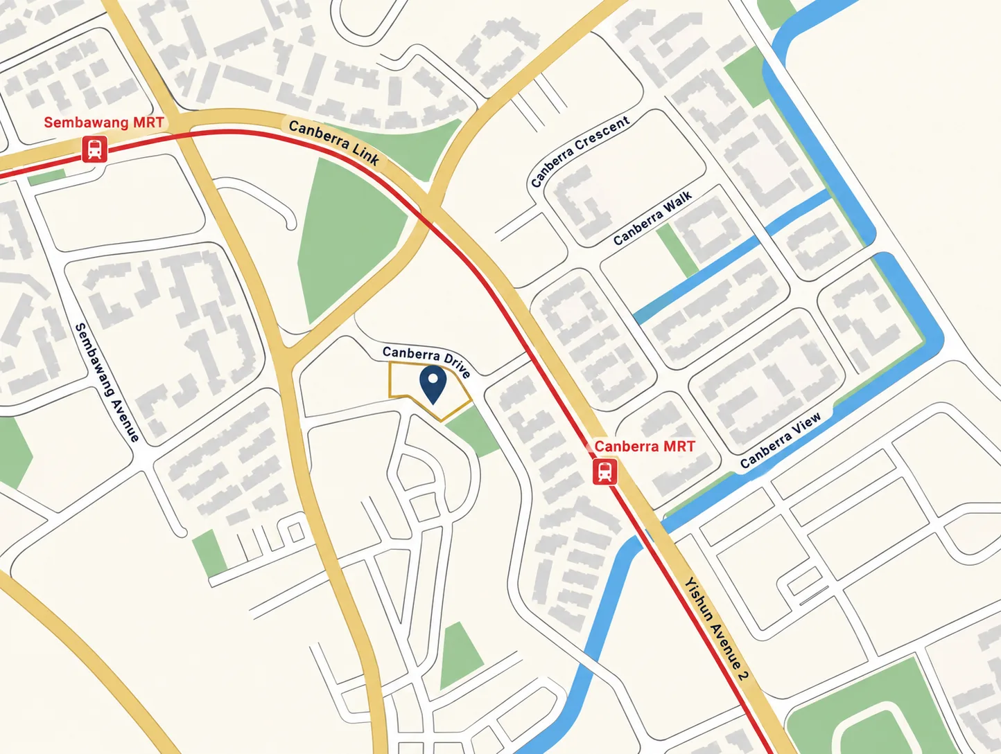 Location map of the Canberra Drive EC site on Canberra Drive, near Canberra MRT and Sembawang MRT