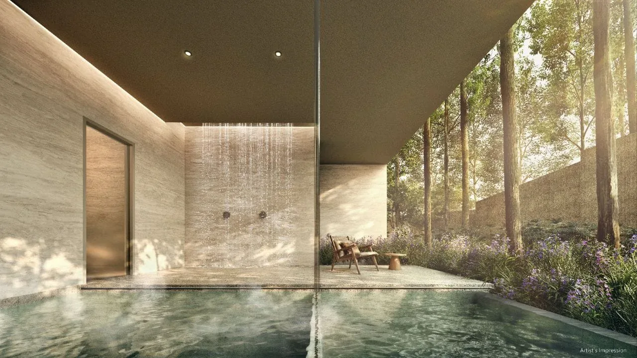 Illustration of a warm pool and rain shower in a wellness room facing trees