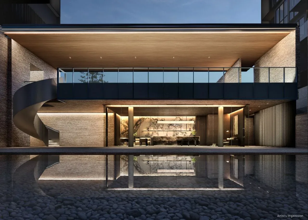 Illustration of a clubhouse and dining room reflected in a pond
