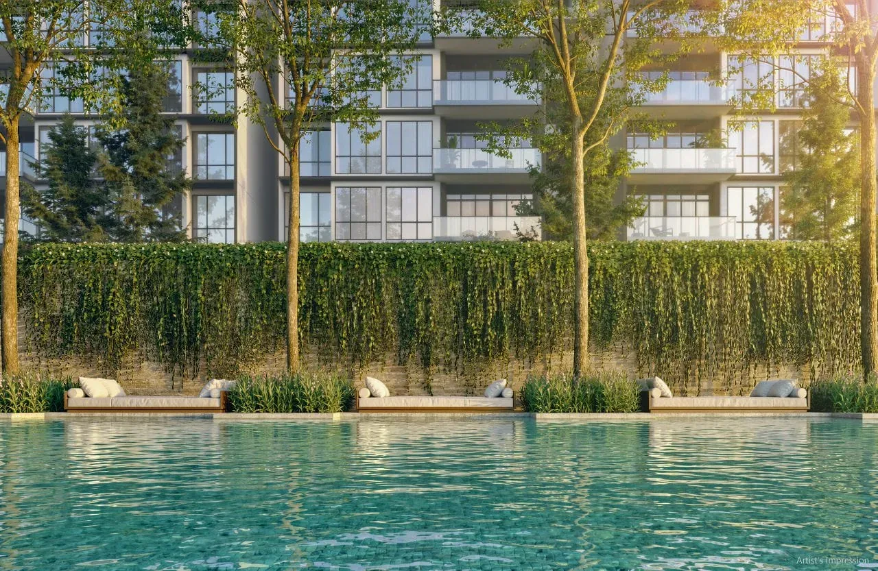 Illustration of a pool with day beds against a planted green wall