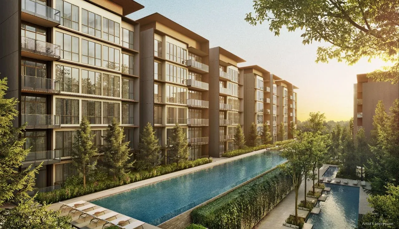 Illustration of mid-rise blocks beside a long landscaped pool at sunset