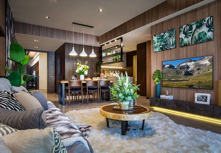 Illustration of a furnished show unit living and dining room